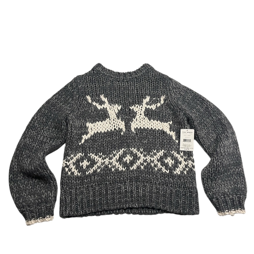 NWT Free People Reindeer Holiday Sweater Grey Combo Size M. - Picture 3 of 10